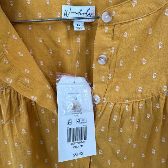 Wonderly Long Sleeve Shirt Yellow Gold Puff Sleeve BOHO Embroidered Medium NWT - Picture 7 of 8